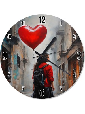 Tablomega Kırmızılı Kız ve Kalpli Balon Şekilli Duvar Saati
