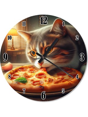 Tablomega Pizza Aşıran Sevimli Kedi Dekoratif Duvar Saati