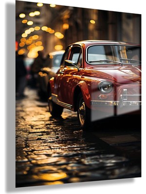Gaagart Temperli Cam Tablo Işıklı Sokak ve Kırmızı Araba Fotoğrafı
