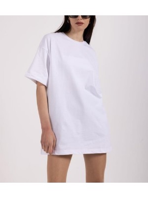 10 & Bir Kadın Beyaz  Pamuk Dokulu Kumaş Oversize Basic T-Shirt