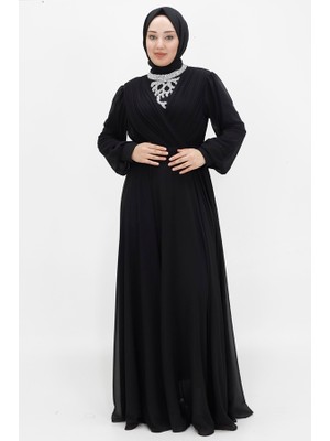 By Coolest Butik 2417 Şifon Kumaş Kruvaze Yaka Görünümlü Taşlı Abiye