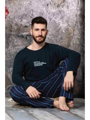 Meri Erkek Uzun Kollu Lacivert Sıfırı Yakalı Baskılı Pijama Takımı ERCM-130