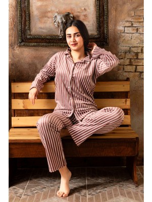 Meri Kadın Pembe Çizgili Gömlek Yaka Kadife Pijama Takımı  P-200-668