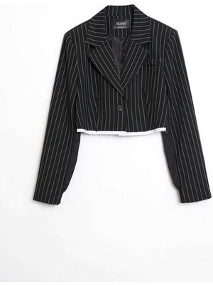 Robin Laura Çizgili Crop Blazer Ceket Siyah