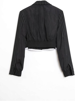 Robin Laura Çizgili Crop Blazer Ceket Siyah