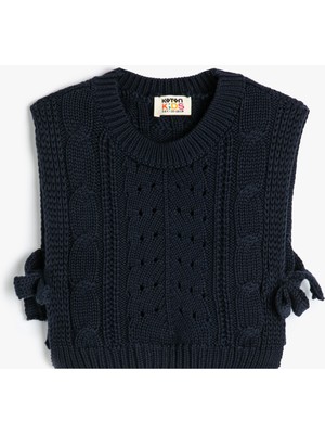 Koton Kız Çocuk Crop Örgü Süveter Lacivert Fiyonk Detaylı Bisiklet Yaka