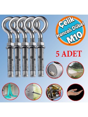Nzb Kancalı Çelik Dübel M10 (5 Adet) Salıncak Boks Torbası Lamba Avize Için Gömlekli Kapalı Ağız Kanca