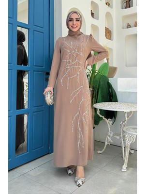 Bym Fashion Taş İşleme Desenli Elbise 3889 Vizon