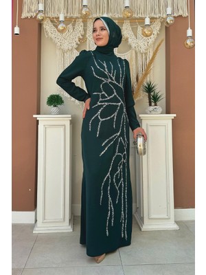 Bym Fashion Taş İşleme Desenli Elbise 3889 Zümrüt