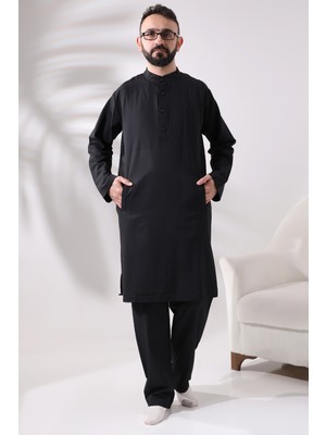 İhvan Online Erkek Hac ve Umre Kıyafeti Ikili Alt Üst Afgan Takım Siyah