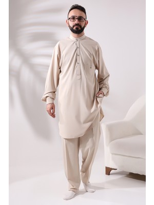 İhvan Online Erkek Çınar Hac ve Umre Kıyafeti Ikili Alt Üst Viskon Afgan Takım Koyu Krem