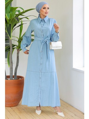 İlkimay Boydan Düğmeli Kot Elbise 894 - Açık Mavi