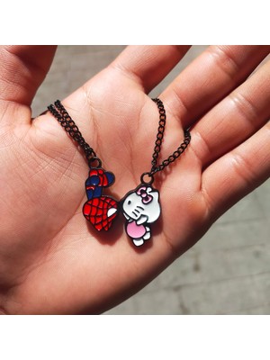 Köstebek Mıknatıslı Hello Kitty ve Spider-Man Siyah Zincir Çift Kolye