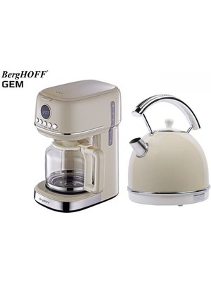 Berghoff Gem Retro 15 Bardak Filtre Kahve Makinesi ve Retro Krem Rengi Yuvarlak Su Isıtıcısı Kettle Seti