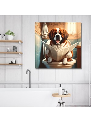 Gaagart Tekli Kare Kanvas Banyo Tablosu Gazete Okuyan Saint Bernard
