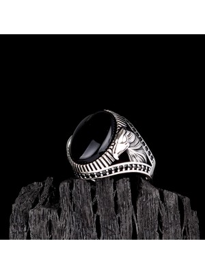 Takı925 925 Ayar Gümüş Onix Taşlı Kartal Motifli Erkek Yüzük