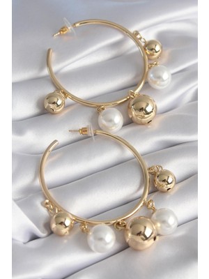 E-Bijuteri Pirinç Gold Renk Halka Model Sallantı Top Detay Kadın Küpe