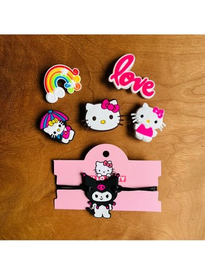 Birikiyedi Hello Kitty 6 Lı Set Crocs Jibbitz Terlik Süsü ve Makrome Örgülü Ayarlamalı Çocuk Bilekliği