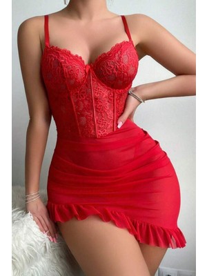 Bella Notte 2 Parça Balenli Fırfırlı Dantel Tül Gecelik