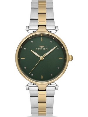 Ferro FL40115A-D10 Quartz Çelik Altın/gri Yeşil Kadran 32 mm Kadın Kol Saati