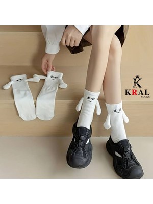 Kral Socks Kadın - Erkek Beyaz Mıknatıslı El Ele Tutuşan Çorap (1 Adet)