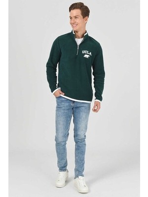 CORNING Yeşil Yarım Fermuarlı Nakışlı Polar Standard Fit Erkek Sweatshirt