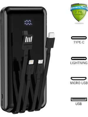 Robeve 10000 Mah Dijital Göstergeli Dahili Kablolu Powerbank 10000 Mah Powerbank Lightning - Type C - USB - Micro USB Dahili Kablolu Powerbank Bpb3 Deprem Powerbank Deprem Powerbanki