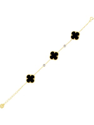 Silveranka 925 Ayar Gümüş Altın Kaplama Siyah Yonca Desen Bileklik