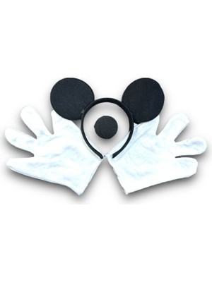 Niyet Mickey Mousse Taç - Beyaz Eldiven - Siyah Burun