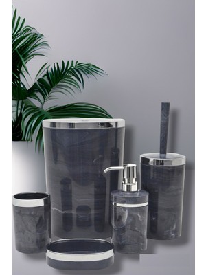 Refox Akrilik Yuvarlak 5 Parça Mermer Desen Banyo Seti Gri-Gümüş
