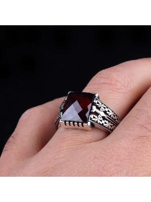 Takı925 Kırmızı Zirkon Taşlı Kral Zincir Model Gümüş Yüzük