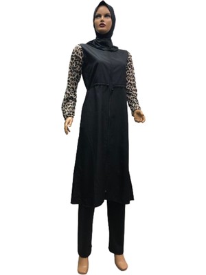Eflin Kadın Giyim Siyah-Kahve-Krem Leopar Tam Kapalı Tesettür Mayo Bone Dahil Büyük Bedenli