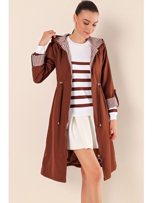 Bigdart 9091 Beli Büzgülü Kapşonlu Trençkot - M. Kahverengi