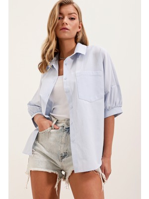 Bigdart 20213 Oversize Kısa Kol Basic Gömlek - Bebe Mavi