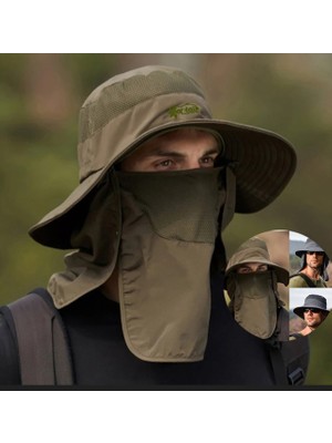 Captain Fisherman Style Foter BG-9073 Haki Renk Fileli Fötr Şapka + Çıkarılabilir Yüz ve Ense Korumaları