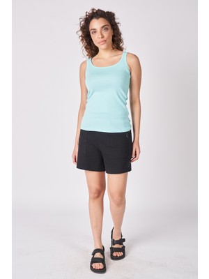 Defy's Kadın U Yaka Sıfır Kol Regular Fit Basic Geniş Askılı Tişört Turkuaz