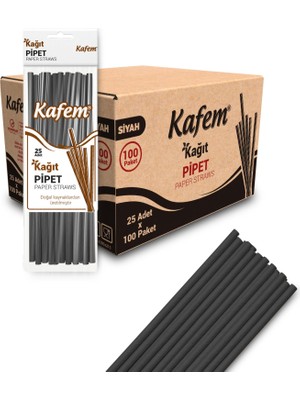 Kafem Siyah Kağıt Pipet 19,5cm 25LI x 100 Paket (Koli)