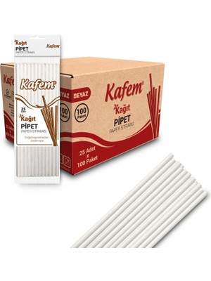 Kafem Beyaz Kağıt Pipet 19,5cm 25LI x 100 Paket (Koli)