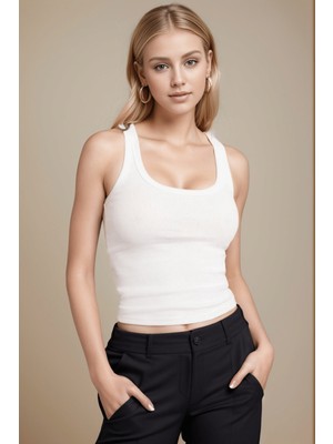 Gothamvibes Kadın Fitilli Kalın Askılı Basic Beyaz Atlet