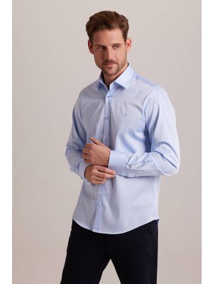 Ysf Erkek Mavi Slim Fit Pamuk Saten Gömlek
