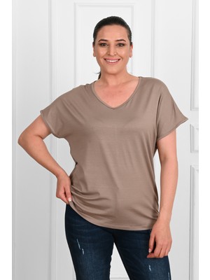 Koza Kadın V Yaka Büyük Beden T-Shirt 1486-23