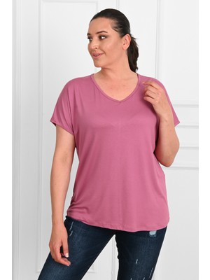 Koza Kadın V Yaka Büyük Beden T-Shirt 1486-23