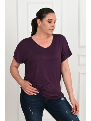 Koza Kadın V Yaka Büyük Beden T-Shirt 1486-23