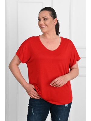 Koza Kadın V Yaka Büyük Beden T-Shirt 1486-23