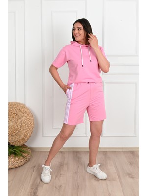 Koza Kadın Çizgi Detaylı Büyük Beden Şortlu Takım 3768-23