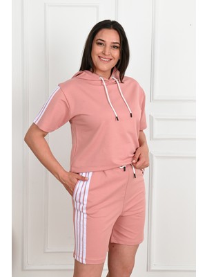 Koza Kadın Çizgi Detaylı Büyük Beden Şortlu Takım 3768-23