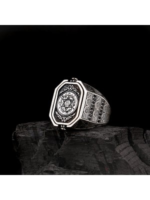 Takı925 Hz Süleyman Mührü Türk Yazılı Çift Taraflı Gümüş Yüzük