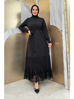 Bym Fashion Etek Ucu Piliseli Dantel Görünümlü Kuşaklı Elbise 3890 Siyah