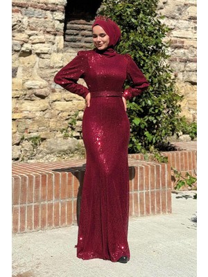 Bym Fashion Kemer Aksesuarlı Pul Payet Balık Abiye Elbise 3858 Bordo