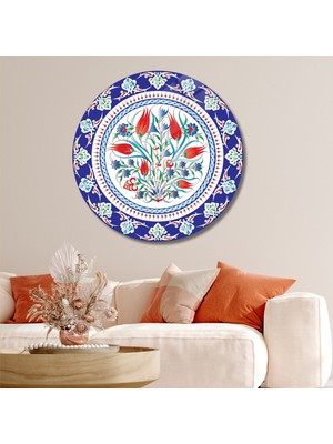 Gaagart Yuvarlak Temperli Gerçek Cam Tablo Kırmızı Laleli Çini Desenli